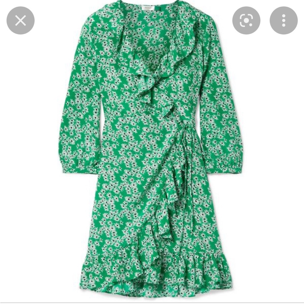 RIXO London Green Floral Silk Abigail Ruffled Wrap Mini Dress Size Large